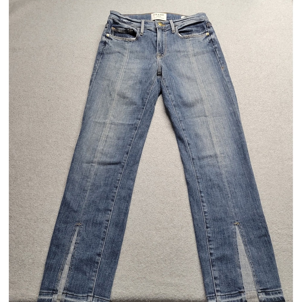 Frame Le Nouveau Straight Jeans Blue Front Split Raw Hem Size 25 Medium Wash